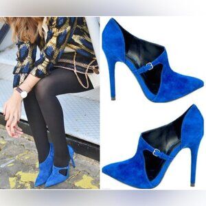 ZARA Blue High Heel Suede Leather Pointed Toe Bootie Pumps EUR 37